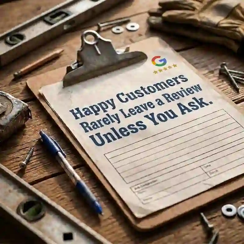sparklocalmarketing-google-reviews-for-contractors cluttered workbench with clipboard holding paperwork to fill out a google review