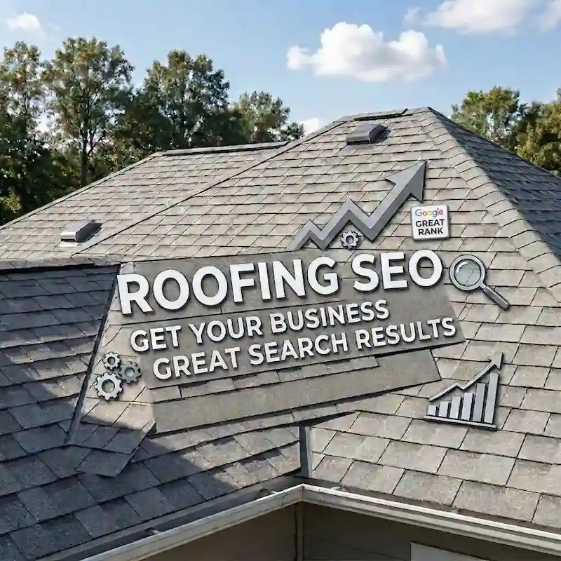 home rooftop with graphic about roofing seo